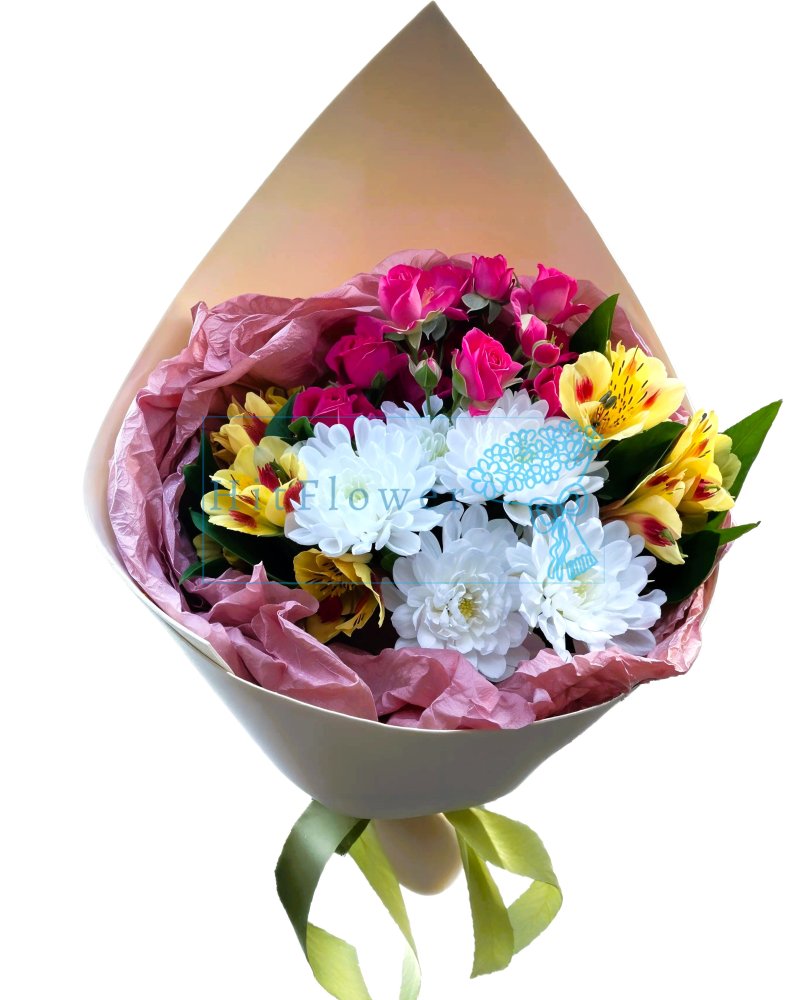 Букет цветов из: Хризантемы, Розы и Альстромерии